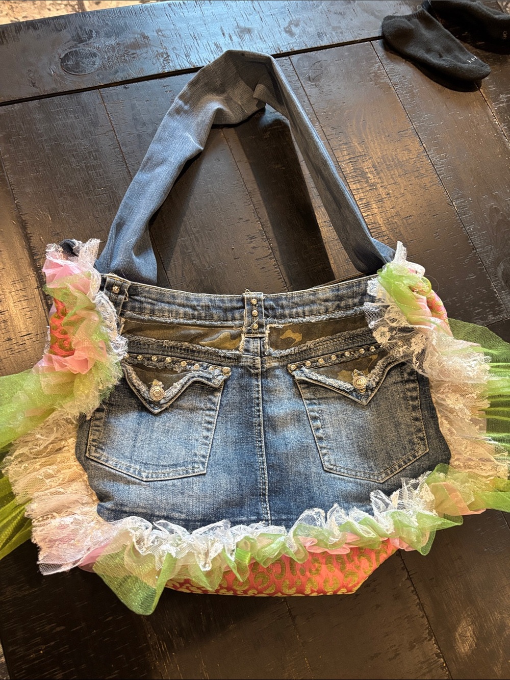 Handcrafted One of a Kind Denim Tote Bag with Pink & Green Ruffle Trim Barbie - Picture 3 of 8